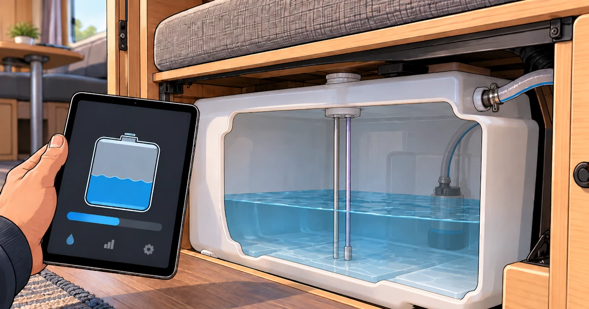 Illustration eines Wohnmobil-Wassertanks mit Füllstandssensor und Wasserstandsanzeige auf einem Tablet