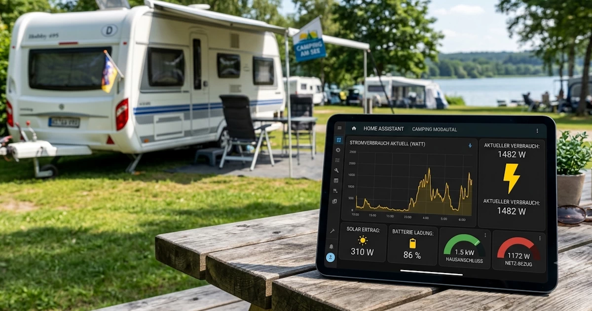 Home Assistant Energie-Dashboard zur Stromüberwachung auf einem Tablet vor einem Wohnwagen auf dem Campingplatz
