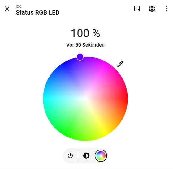 Screenshot des Home Assistant Licht-Dialogs mit einem kreisförmigen, bunten Farbrad zur Steuerung der RGB-LED bei 100 Prozent Helligkeit