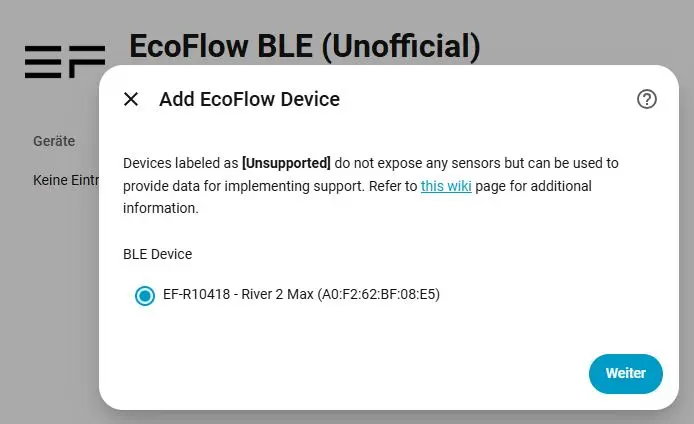 Home Assistant Dialog zur Geräteauswahl der EcoFlow BLE Integration mit der erkannten River 2 Max
