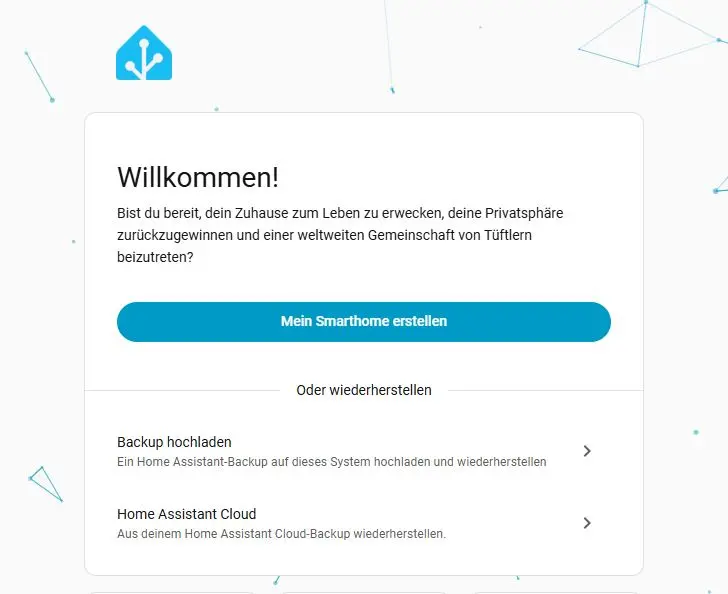 Willkommensbildschirm des Home Assistant Onboarding-Prozesses
