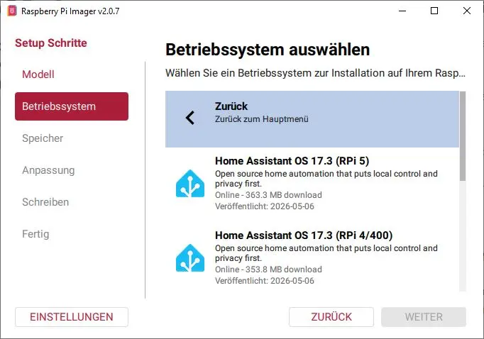 Raspberry Pi Imager mit ausgewähltem Home Assistant OS als Betriebssystem