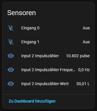 Home Assistant Ansicht: Die Sensoren des Shelly Plus Uni zeigen den korrekten Wasserverbrauch von 30,01 Litern.