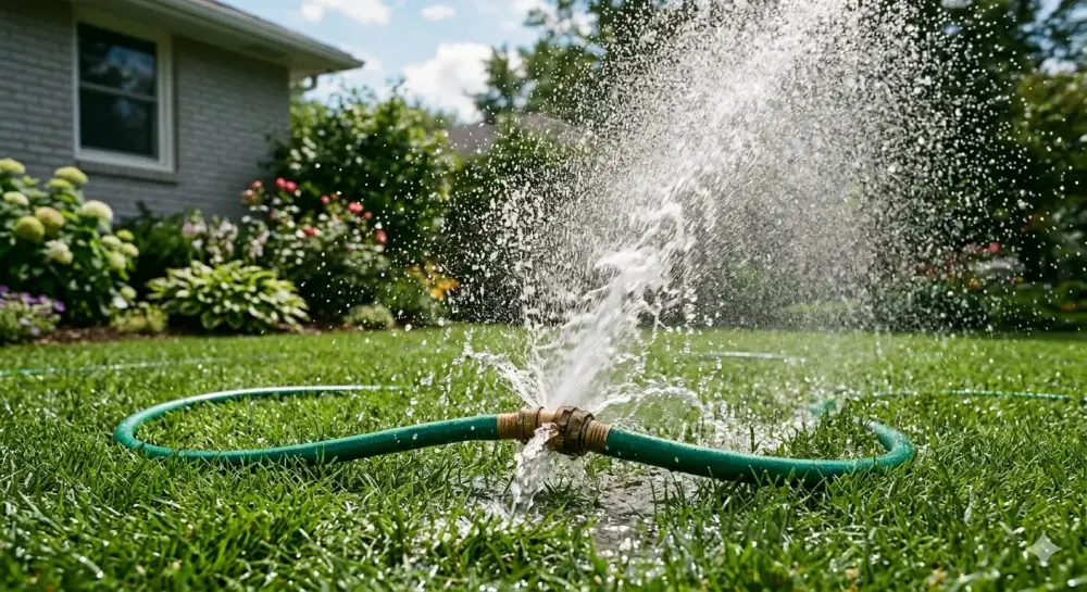 Ein grüner Gartenschlauch auf einem Rasen, aus dessen defekter Kupplung unkontrolliert Wasser spritzt
