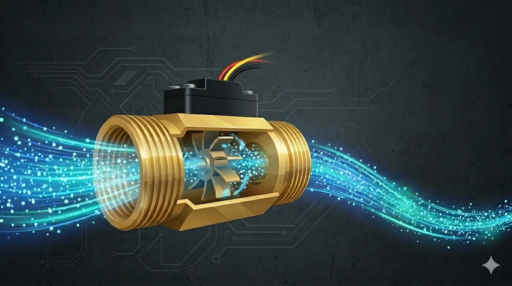 Abstrakte 3D-Visualisierung eines Wasserdurchfluss-Sensors aus Messing. Ein Teilschnitt zeigt das interne Flügelrad, das durch blau leuchtende, strömende Wasserpartikel angetrieben wird.